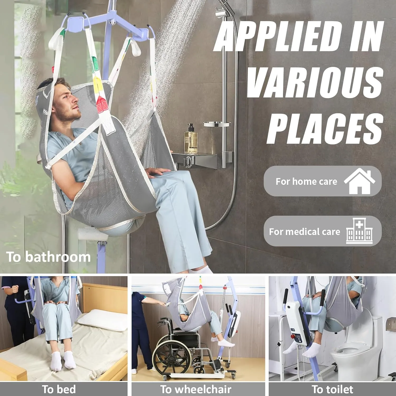 Universal Full Body Transfer Lift Sling with Commode Opening for Toileting-Shower Sling for Elderly and Patient Transfers | Repositioning | Lifting,with 1pc Laundry Bag (Grey, Medium)