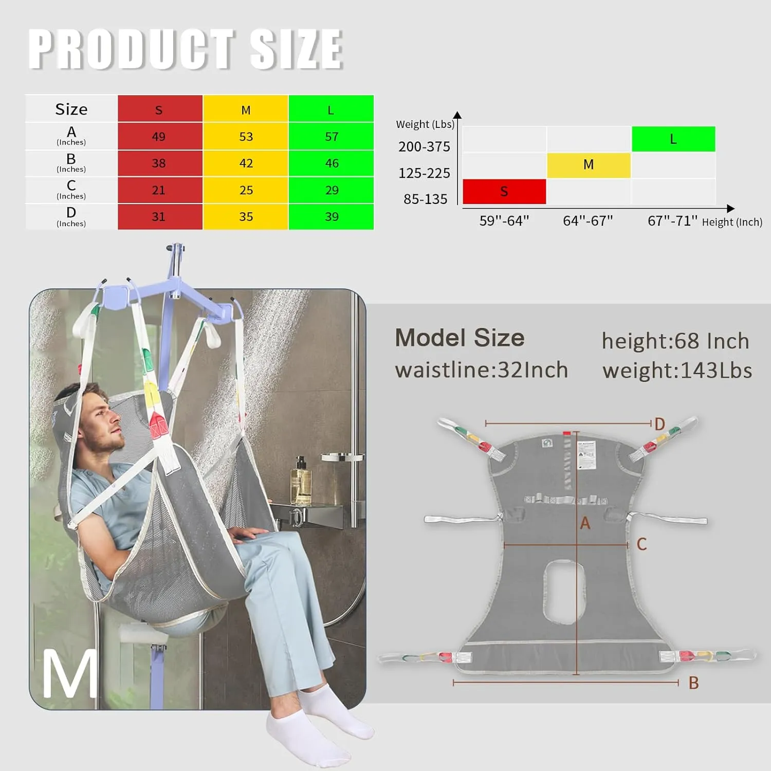 Universal Full Body Transfer Lift Sling with Commode Opening for Toileting-Shower Sling for Elderly and Patient Transfers | Repositioning | Lifting,with 1pc Laundry Bag (Grey, Medium)