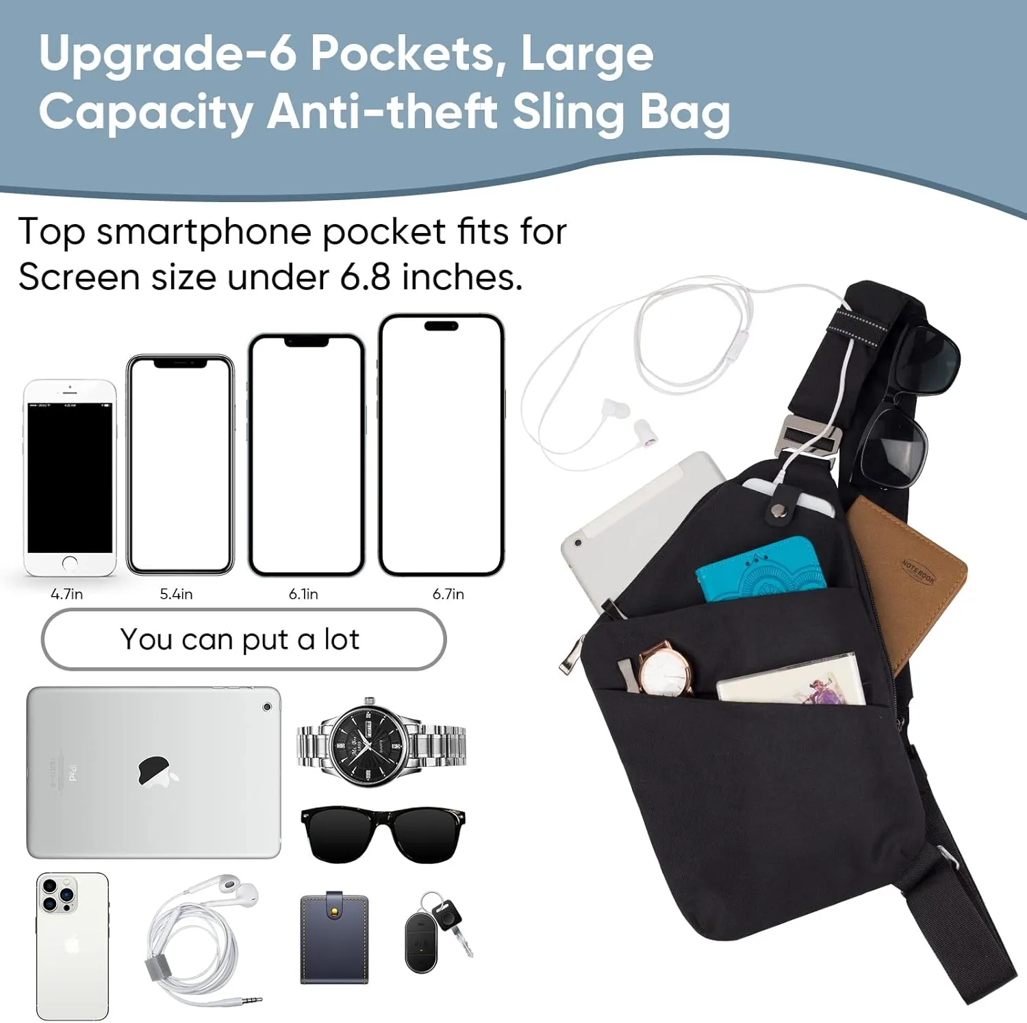 VADOO Anti-theft Crossbody Bags for Women, Shoulder Sling Bag for Men Lightweight Chest Bag for Travel Sport