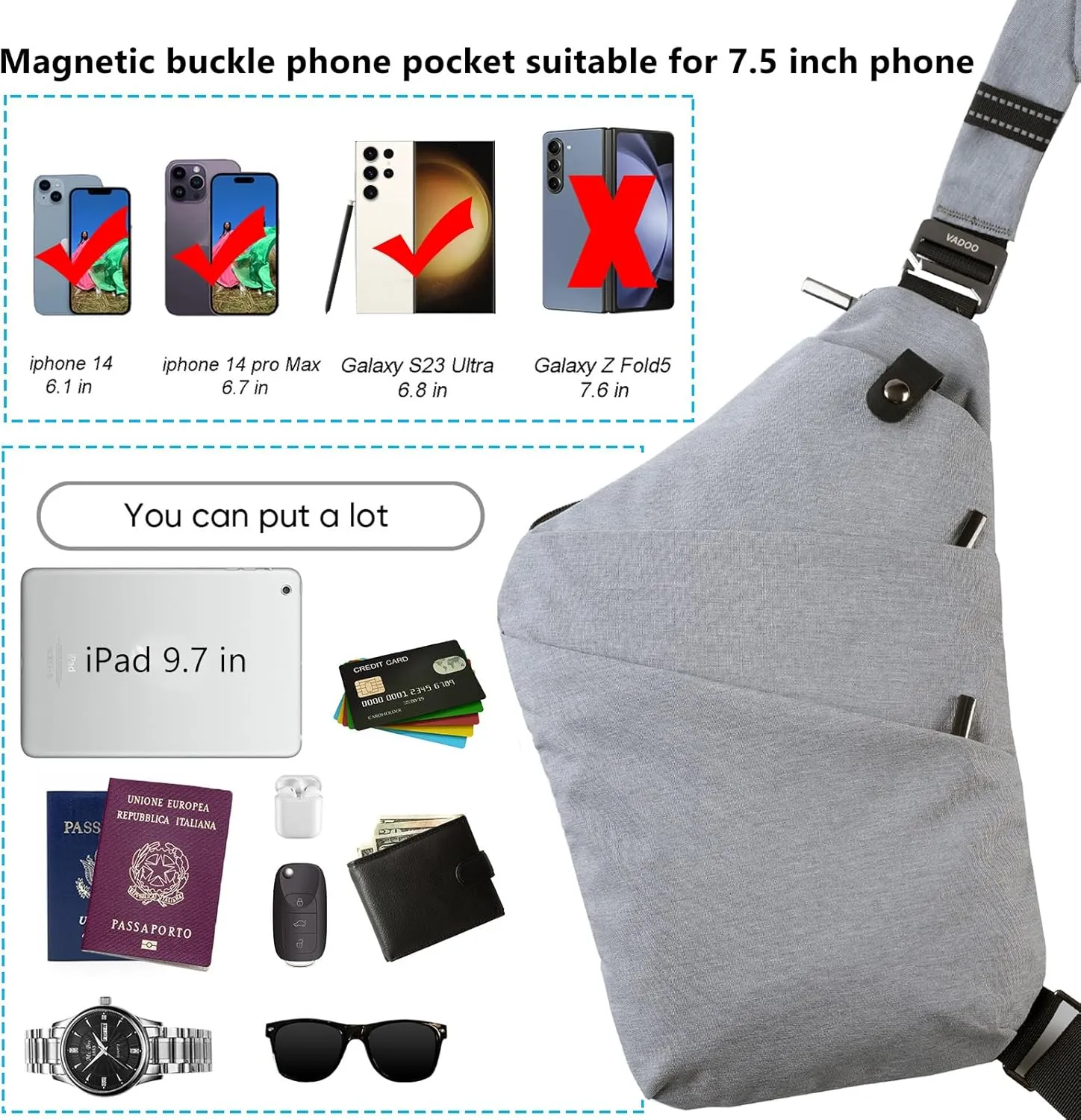 VADOO Sling Bag - Anti-theft Crossbody Shoulder Bag for Men and Women