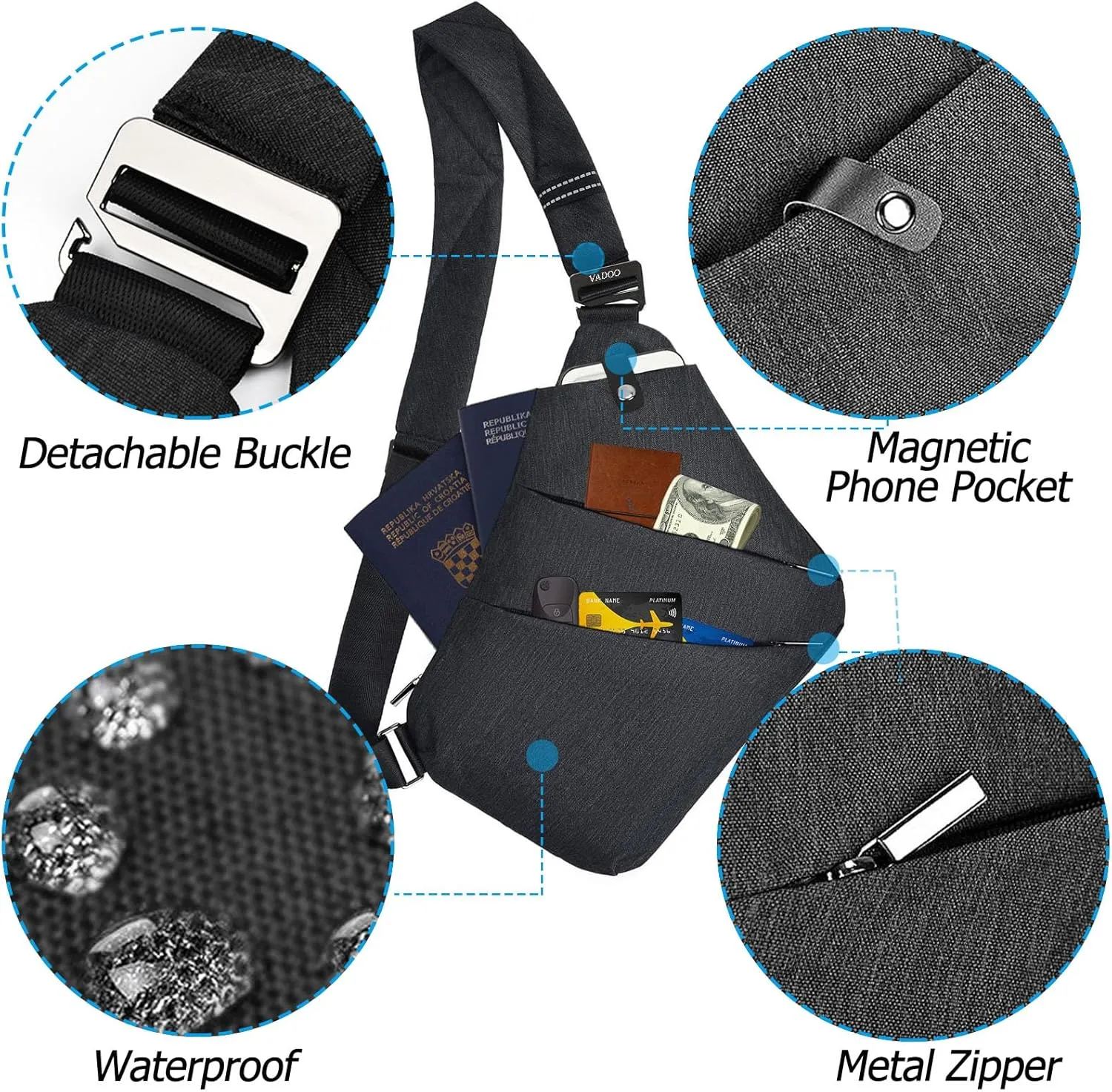 VADOO Sling Bag - Anti-theft Crossbody Shoulder Bag for Men and Women