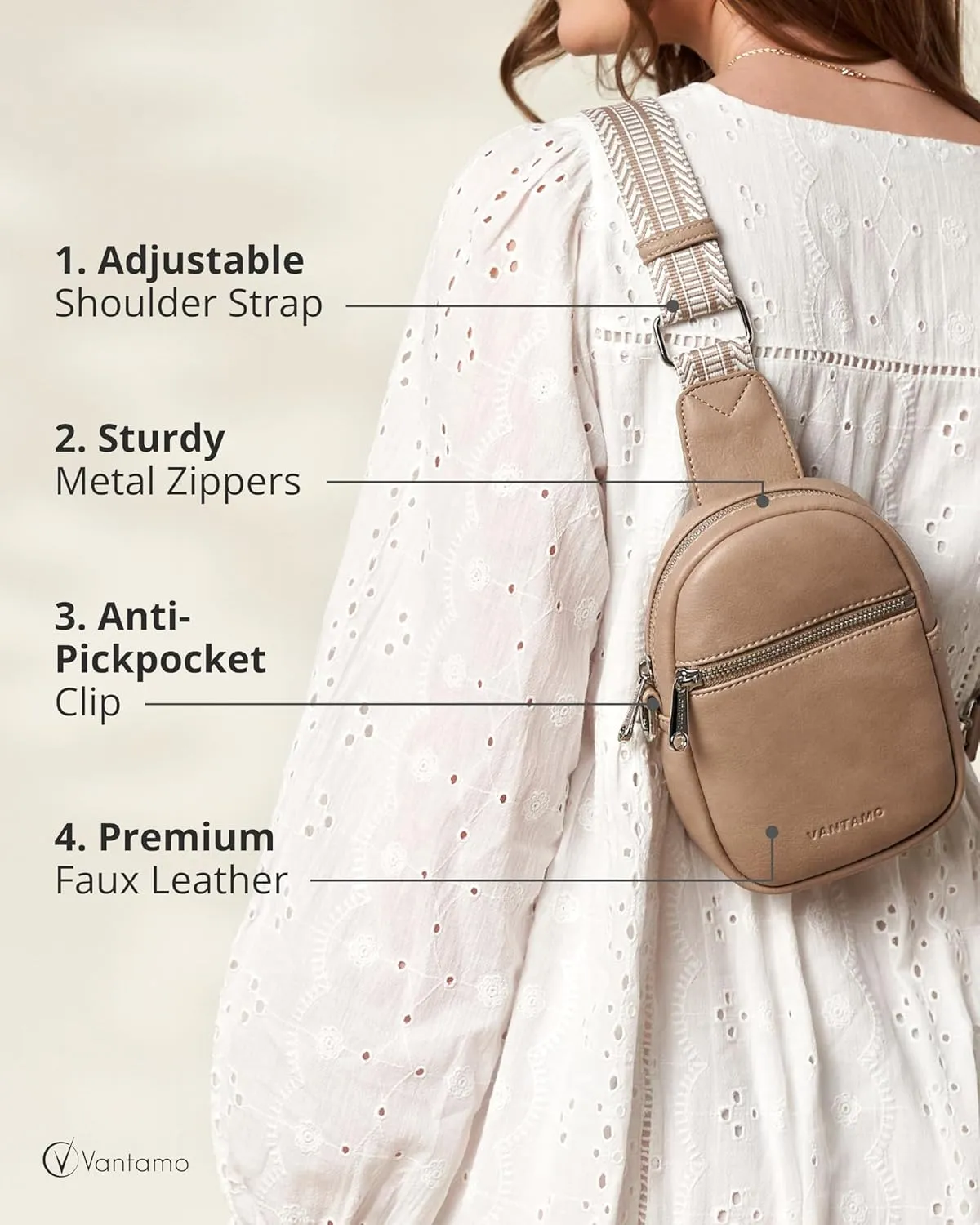 Vantamo Small Crossbody Bags for Women, Sling Bag with RFID & Anti-Pickpocket Clip, Adjustable Strap Cross Body Fanny Packs