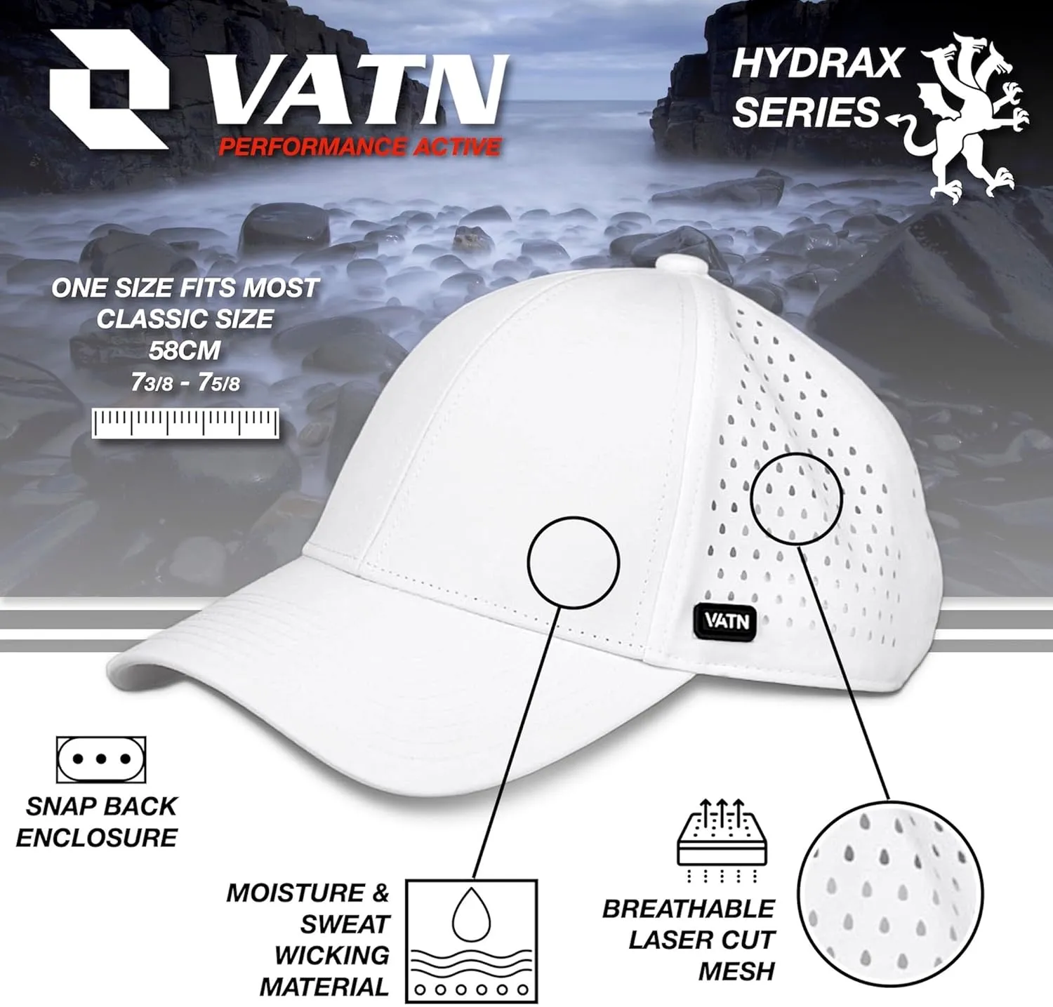 VATN Hydrax, Performance Curved Brim Snapback Hat, Water-Resistant Baseball Cap for Men & Women - Work, Golf, Gym, Hike, Surf