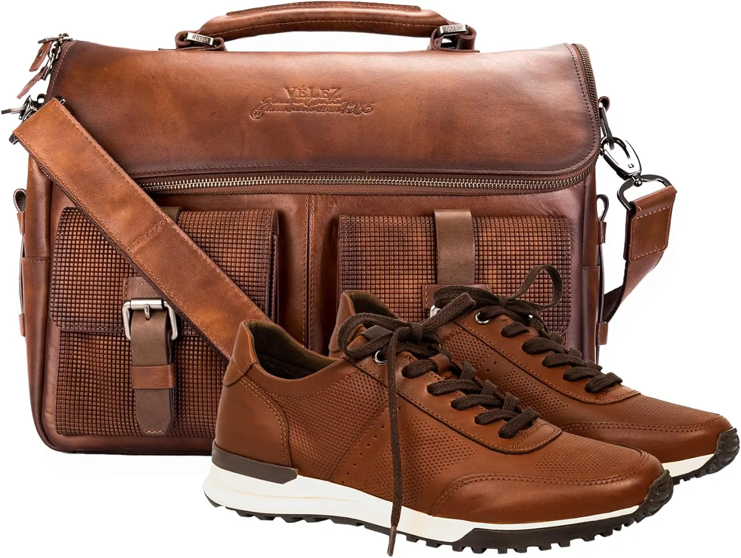 VELEZ 10 Brown Mens Business Casual Sneakers   Full Grain Leather Messenger Bag for Men Business Travel Briefcase Computer Laptop Bag
