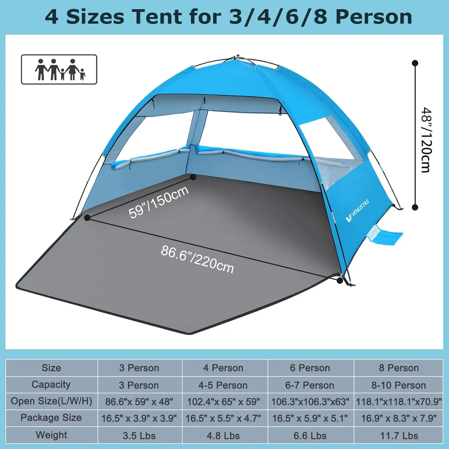Venustas Beach Tent Sun Shelter for 3/4-5/6-7/8-10 Person, UPF 50  UV Protection Beach Canopy, Lightweight and Easy Setup Cabana, Portable Beach Shade Tent