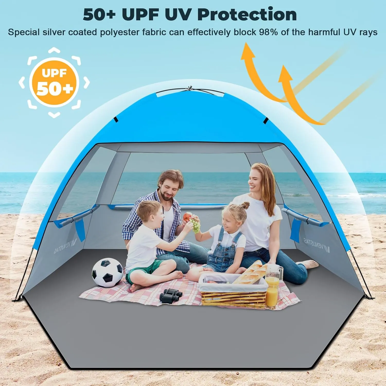 Venustas Beach Tent Sun Shelter for 3/4-5/6-7/8-10 Person, UPF 50  UV Protection Beach Canopy, Lightweight and Easy Setup Cabana, Portable Beach Shade Tent