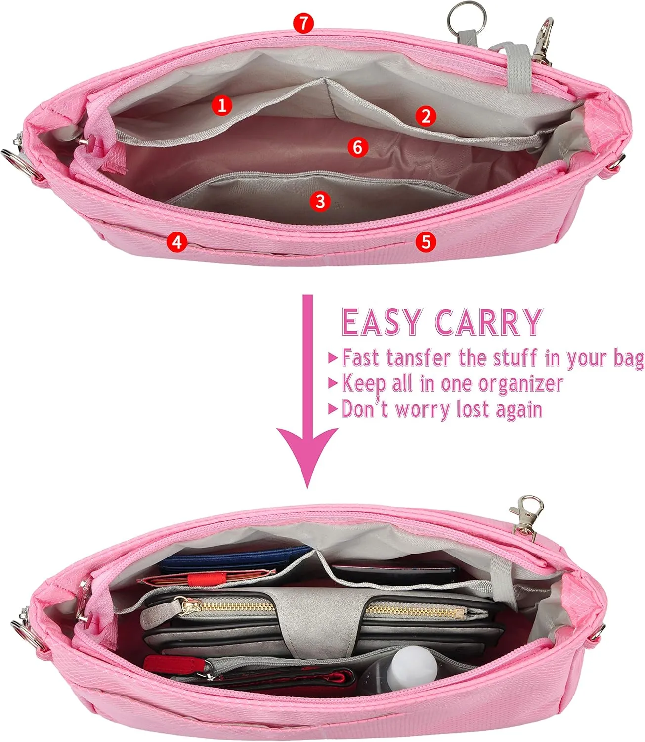 Vercord Expandable Nylon Handbag Purse Organizer Insert Liner Shaper Bag in Bag Rose XLarge