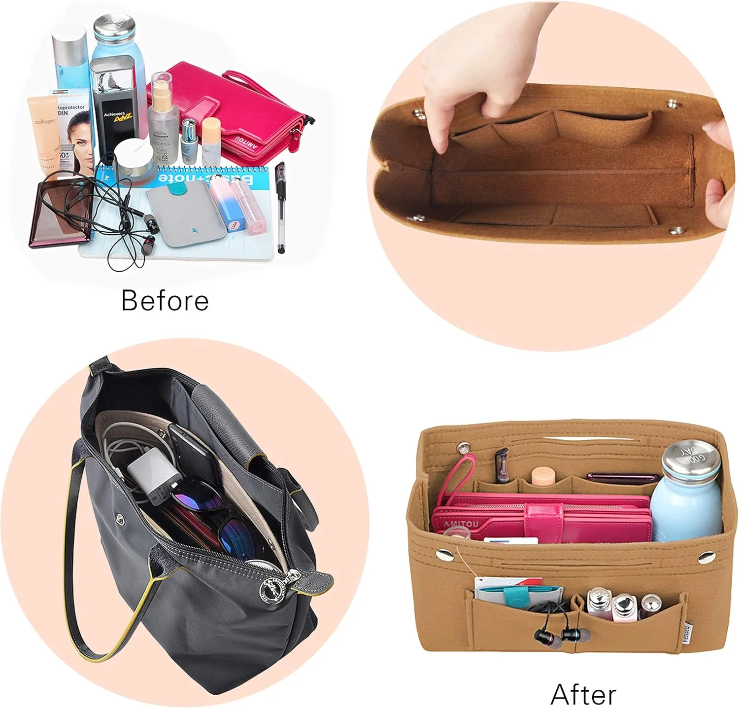 Vercord Felt Purse Tote Organizer Insert Divider Inside Handbag for Women Medium Brown