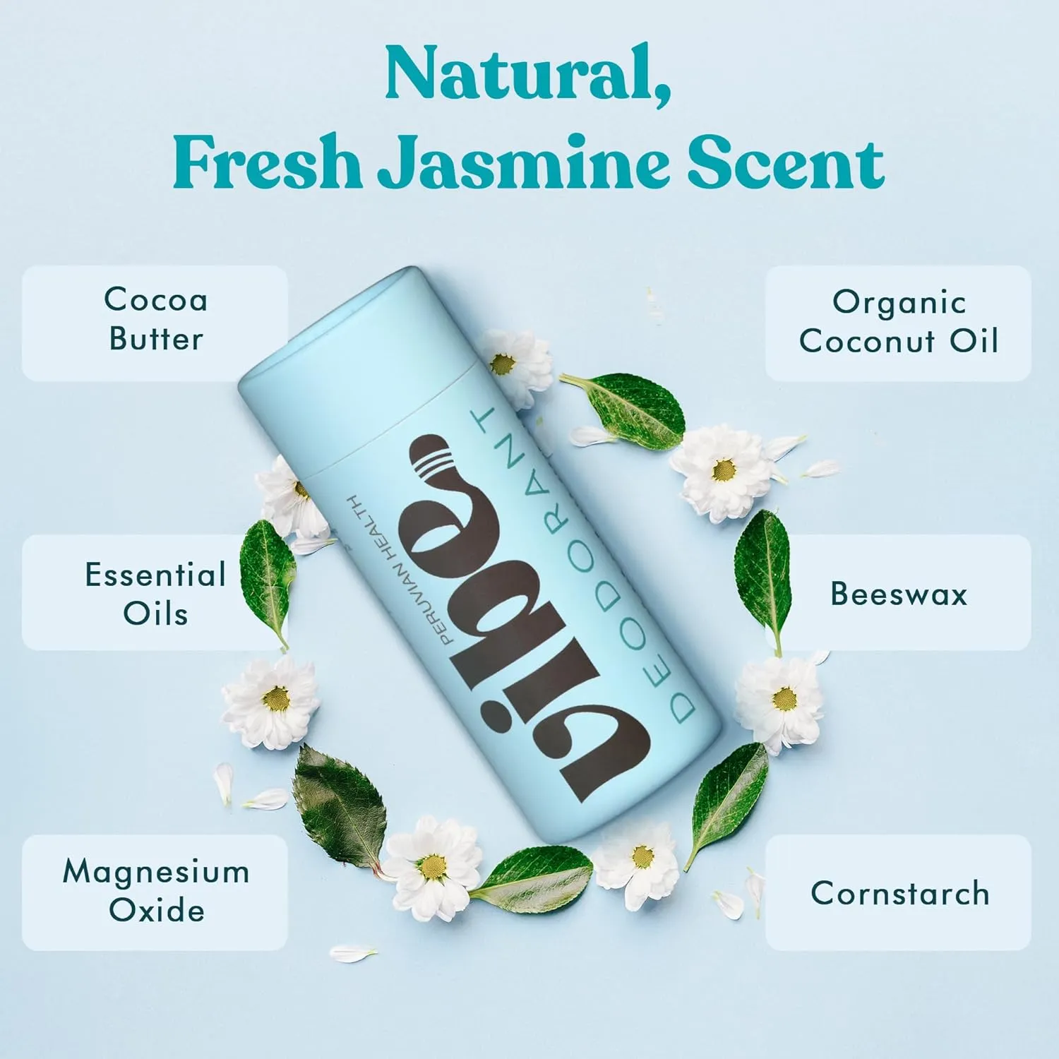 Vibe Aluminum Free Natural Deodorant for Women and Men - Long Lasting Odor Control with Organic Coconut Oil and Beeswax for Sensitive Skin, No Baking Soda or Parabens, Plastic Free (Jasmine)