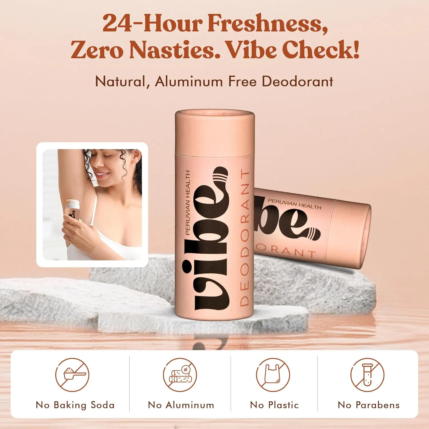 Vibe Aluminum Free Natural Deodorant for Women and Men - Long Lasting Odor Control with Organic Coconut Oil and Beeswax for Sensitive Skin, No Baking Soda or Parabens, Plastic Free (Rose)