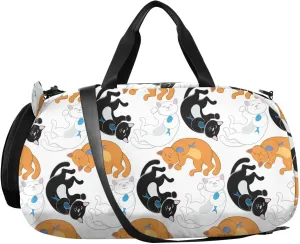 VIGTRO Black Orange White Circle Cats Kids Overnight Travel Duffel Bag Sport Gym Bag for Boys Girls with Shoe Compartment, Carry On Weekender Luggage Bag for Dance Swim Yoga