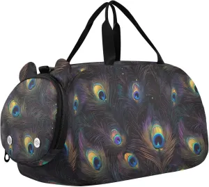 VIGTRO Black Peacock Feathers Kids Overnight Travel Duffel Bag Sport Gym Bag for Boys Girls with Shoe Compartment, Carry On Weekender Luggage Bag for Dance Swim Yoga