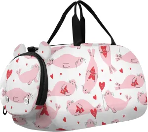 VIGTRO Cartoon Seal Kids Overnight Travel Duffel Bag Sport Gym Bag for Boys Girls with Shoe Compartment, Heart Carry On Weekender Luggage Bag for Dance Swim Yoga