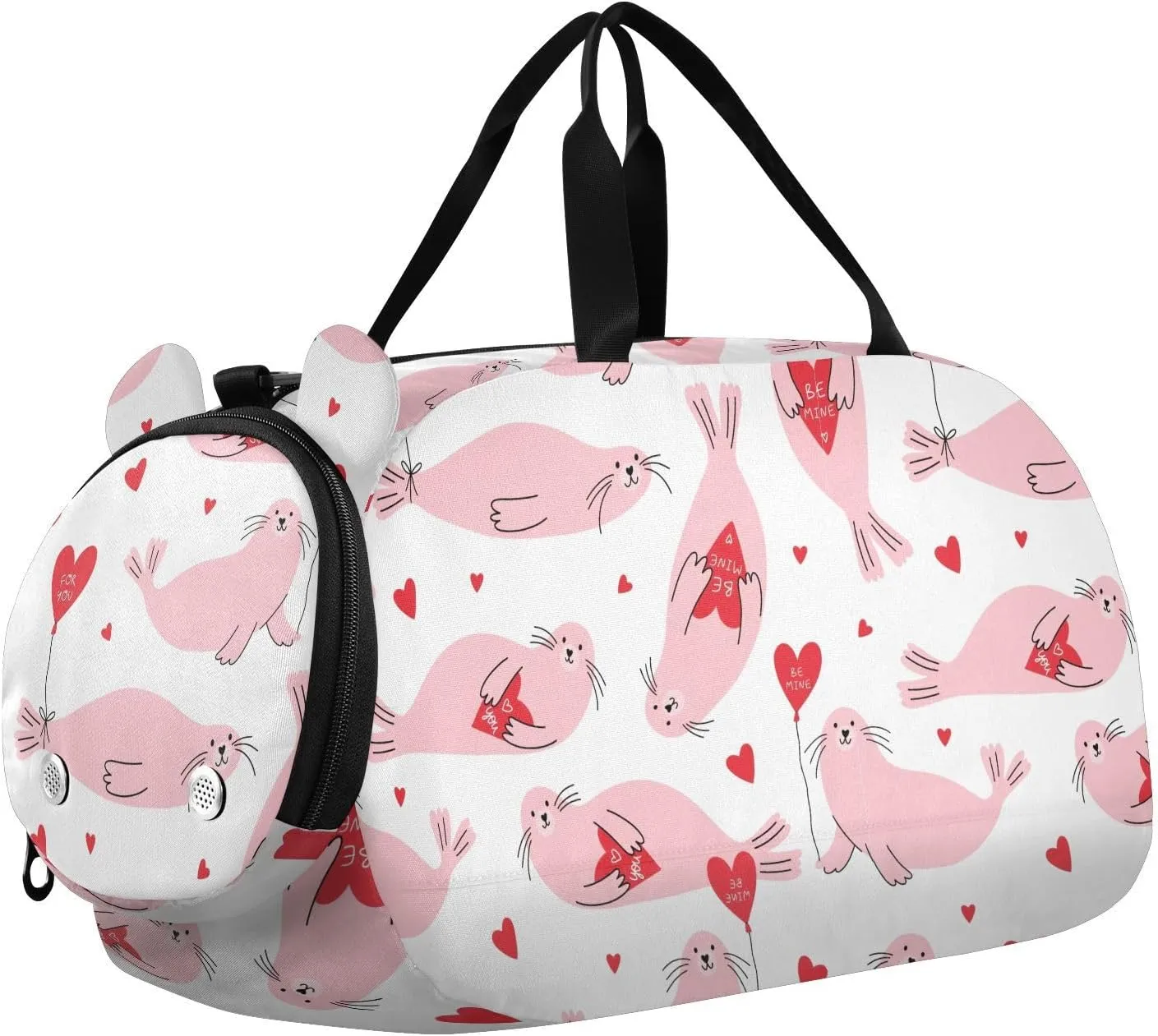 VIGTRO Cartoon Seal Kids Overnight Travel Duffel Bag Sport Gym Bag for Boys Girls with Shoe Compartment, Heart Carry On Weekender Luggage Bag for Dance Swim Yoga