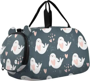 VIGTRO Cartoon Seal Pink Hearts Kids Overnight Travel Duffel Bag Sport Gym Bag for Boys Girls with Shoe Compartment, Carry On Weekender Luggage Bag for Dance Swim Yoga