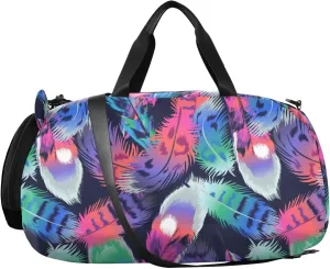 VIGTRO Colorful Bird Feathers Kids Overnight Travel Duffel Bag Sport Gym Bag for Boys Girls with Shoe Compartment, Carry On Weekender Luggage Bag for Dance Swim Yoga
