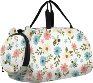 VIGTRO Colorful Floral Bee Pattern Kids Overnight Travel Duffel Bag Sport Gym Bag for Boys Girls with Shoe Compartment, Carry On Weekender Luggage Bag for Dance Swim Yoga