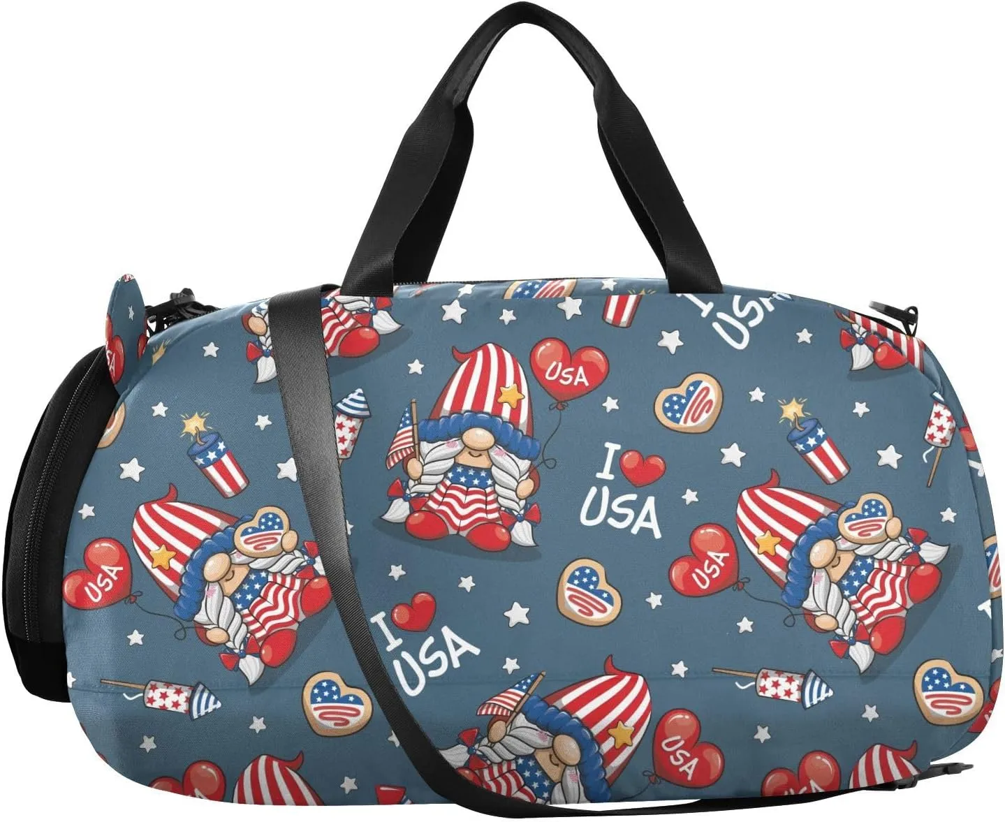VIGTRO Cute Gnome Happy 4th Of July Kids Overnight Travel Duffel Bag Sport Gym Bag for Boys Girls with Shoe Compartment, I Love Usa Carry On Weekender Luggage Bag for Dance Swim Yoga
