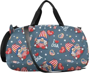 VIGTRO Cute Gnome Happy 4th Of July Kids Overnight Travel Duffel Bag Sport Gym Bag for Boys Girls with Shoe Compartment, I Love Usa Carry On Weekender Luggage Bag for Dance Swim Yoga