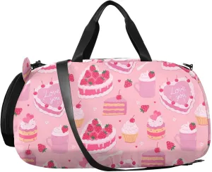 VIGTRO Cute Pink Desserts Kids Overnight Travel Duffel Bag Sport Gym Bag for Boys Girls with Shoe Compartment, Love You Carry On Weekender Luggage Bag for Dance Swim Yoga