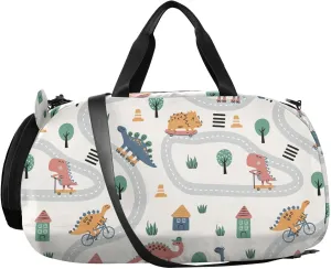 VIGTRO Dinosaurs Road Map Cartoon Kids Overnight Travel Duffel Bag Sport Gym Bag for Boys Girls with Shoe Compartment, Carry On Weekender Luggage Bag for Dance Swim Yoga