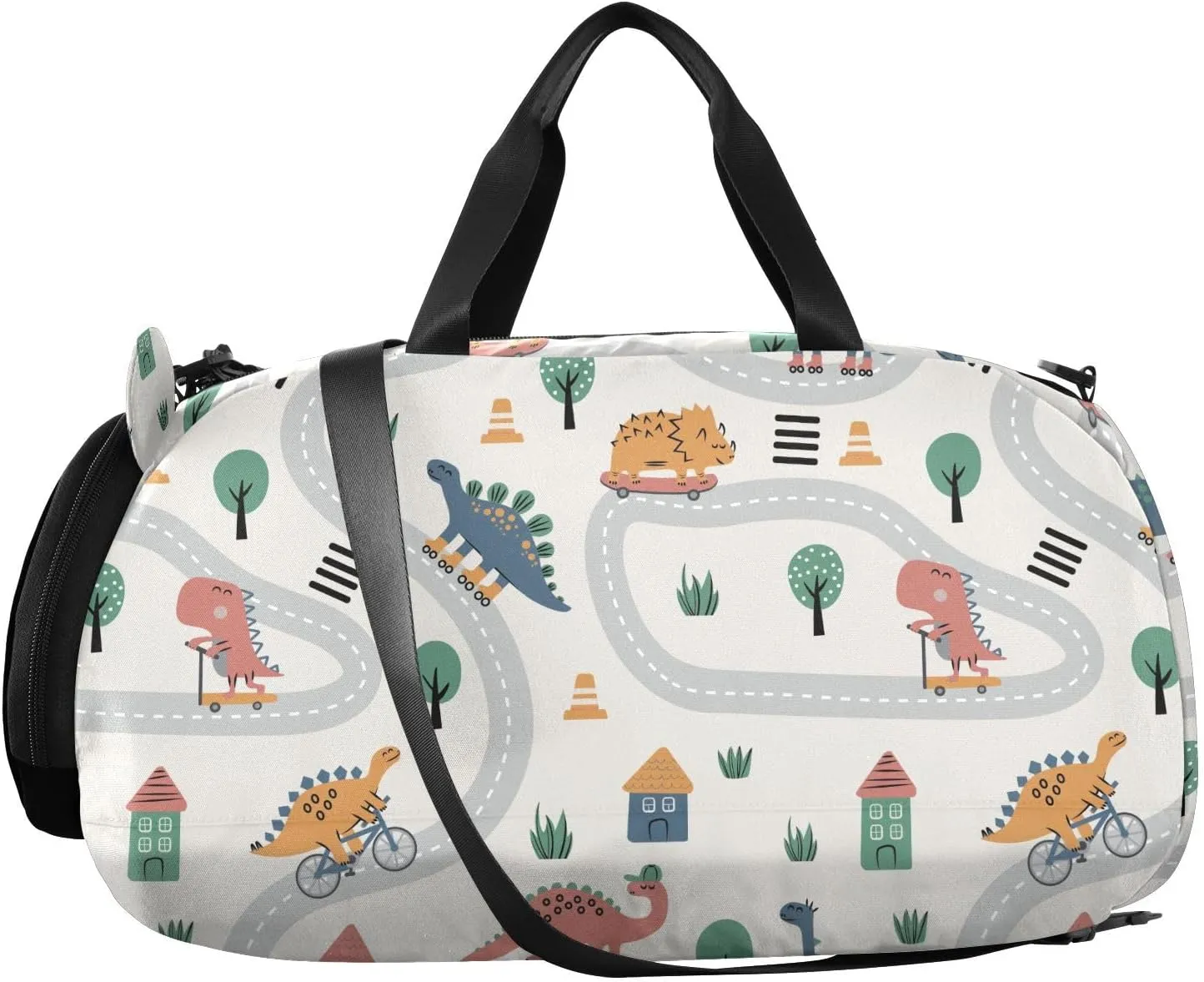 VIGTRO Dinosaurs Road Map Cartoon Kids Overnight Travel Duffel Bag Sport Gym Bag for Boys Girls with Shoe Compartment, Carry On Weekender Luggage Bag for Dance Swim Yoga