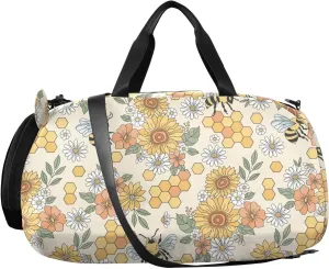 VIGTRO Flower Bee Honeycomb Kids Overnight Travel Duffel Bag Sport Gym Bag for Boys Girls with Shoe Compartment, Carry On Weekender Luggage Bag for Dance Swim Yoga