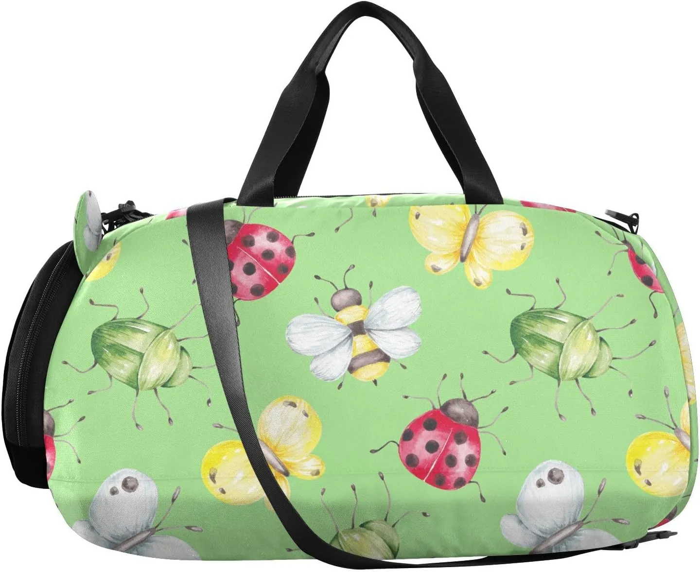 VIGTRO Green Red Bugs Bee Butterfly Kids Overnight Travel Duffel Bag Sport Gym Bag for Boys Girls with Shoe Compartment, Carry On Weekender Luggage Bag for Dance Swim Yoga