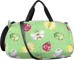 VIGTRO Green Red Bugs Bee Butterfly Kids Overnight Travel Duffel Bag Sport Gym Bag for Boys Girls with Shoe Compartment, Carry On Weekender Luggage Bag for Dance Swim Yoga