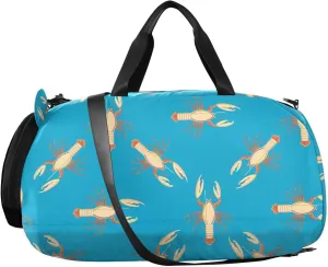 VIGTRO Lobster Blue Pattern Kids Overnight Travel Duffel Bag Sport Gym Bag for Boys Girls with Shoe Compartment, Carry On Weekender Luggage Bag for Dance Swim Yoga
