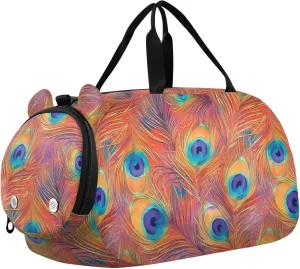 VIGTRO Orange Peacock Feathers Kids Overnight Travel Duffel Bag Sport Gym Bag for Boys Girls with Shoe Compartment, Carry On Weekender Luggage Bag for Dance Swim Yoga