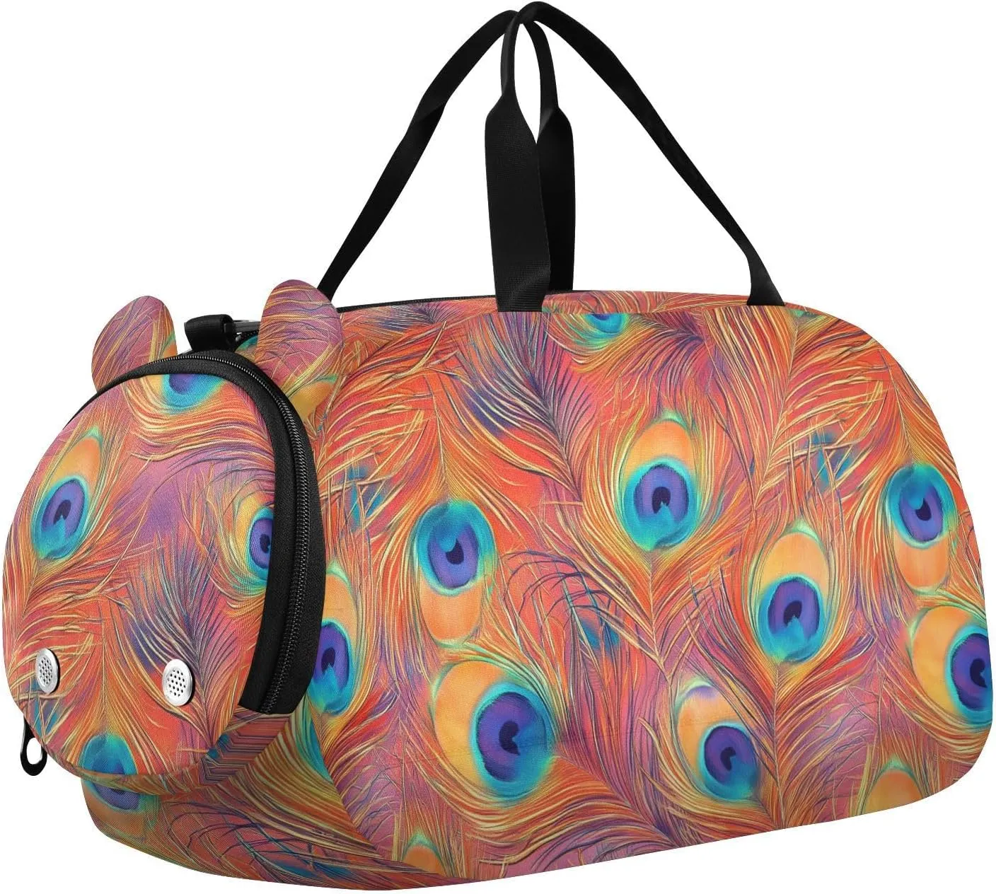 VIGTRO Orange Peacock Feathers Kids Overnight Travel Duffel Bag Sport Gym Bag for Boys Girls with Shoe Compartment, Carry On Weekender Luggage Bag for Dance Swim Yoga