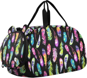 VIGTRO Rainbow Black Kids Overnight Travel Duffel Bag Sport Gym Bag for Boys Girls with Shoe Compartment, Feather Carry On Weekender Luggage Bag for Dance Swim Yoga