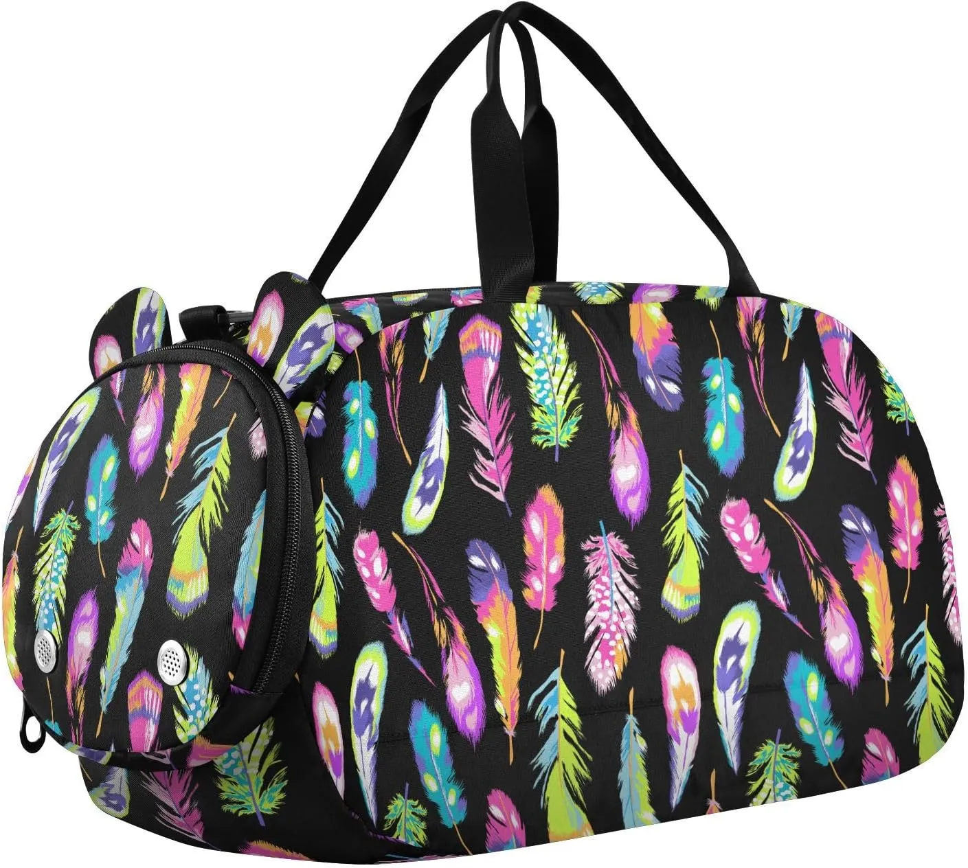 VIGTRO Rainbow Black Kids Overnight Travel Duffel Bag Sport Gym Bag for Boys Girls with Shoe Compartment, Feather Carry On Weekender Luggage Bag for Dance Swim Yoga