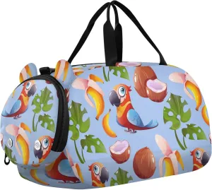 VIGTRO Tropical Parrot Coconuts Leaves Kids Overnight Travel Duffel Bag Sport Gym Bag for Boys Girls with Shoe Compartment, Carry On Weekender Luggage Bag for Dance Swim Yoga
