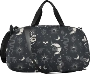 VIGTRO Witchy Snake Crescent Moon Kids Overnight Travel Duffel Bag Sport Gym Bag for Boys Girls with Shoe Compartment, Skull Flowers Carry On Weekender Luggage Bag for Dance Swim Yoga