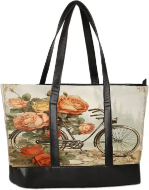 Vintage Bike Rose Laptop Tote Bag for Women Lightweight Work Purse with Multiple Compartments Fits 13-15.6 Inch Laptop Tablet Shoulder Bag for Office Travel Daily Use