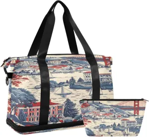 Vintage Bridge Gym Bag - Weekender Overnight Bags for Women Men, Sport Travel Duffel Bag with Wet Pocket & Shoe Compartment