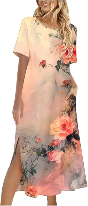 Vintage Dress for Women Casual Short Sleeve Retro Sundress Boho Floral Summer Work Side Split Dress with Pocket