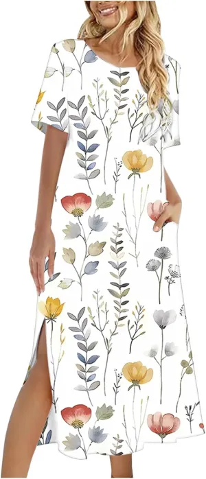Vintage Dress for Women Casual Short Sleeve Retro Sundress Boho Floral Summer Work Side Split Dress with Pocket
