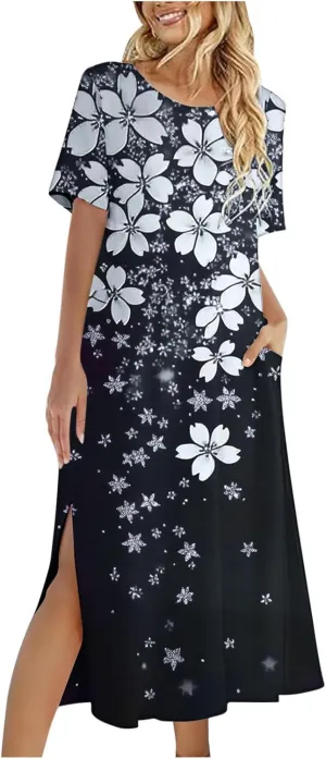 Vintage Dress for Women Casual Short Sleeve Retro Sundress Boho Floral Summer Work Side Split Dress with Pocket