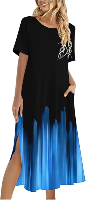 Vintage Dress for Women Casual Short Sleeve Retro Sundress Boho Floral Summer Work Side Split Dress with Pocket