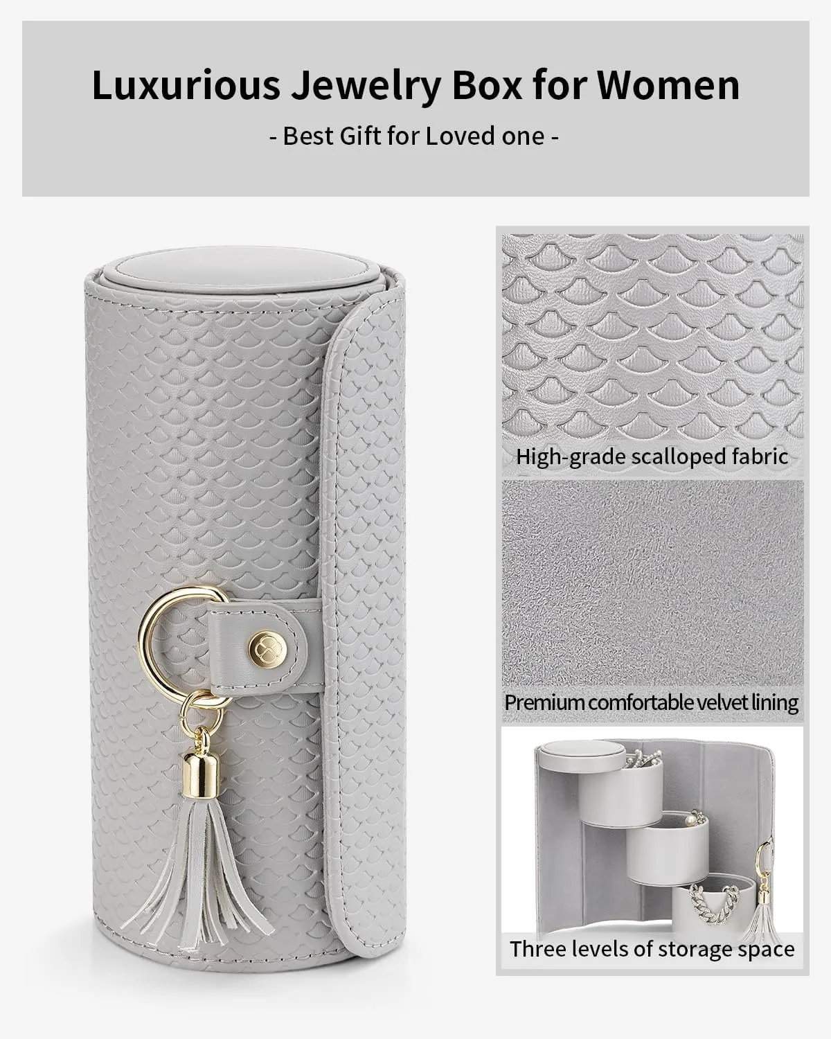 Vlando Gifts 2025 for Women, Girl - Travel Jewelry Oragnizer, 3-Layer Jewelry Storage Box, Travel Essential Accessories for Women, Birthday Gifts for Couples Mom Friends - Grey