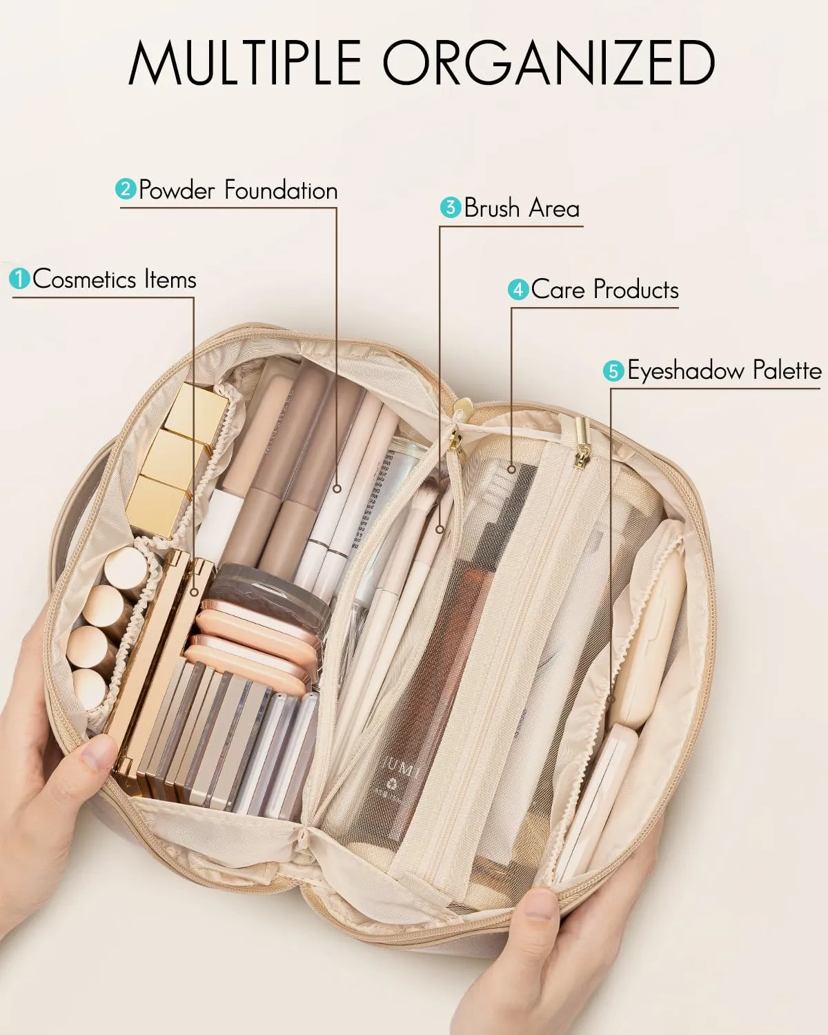 Vlando Makeup Organizer Bag,Mothers Day Gifts,Travel Makeup Bag for Women Waterproof Portable Make up Bag PU Leather Open Flat Cosmetic Bag for Travel Essentials, Gifts for Women(Toffee)