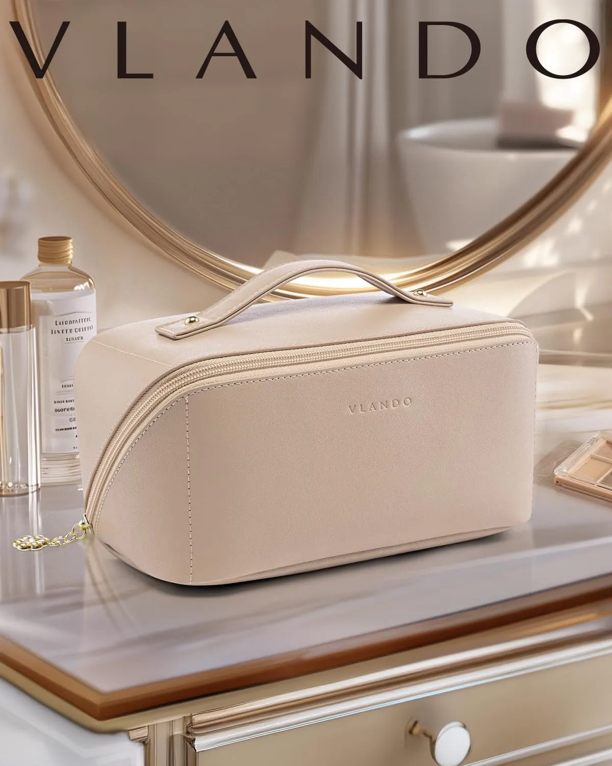 Vlando Makeup Organizer Bag,Mothers Day Gifts,Travel Makeup Bag for Women Waterproof Portable Make up Bag PU Leather Open Flat Cosmetic Bag for Travel Essentials, Gifts for Women(Toffee)