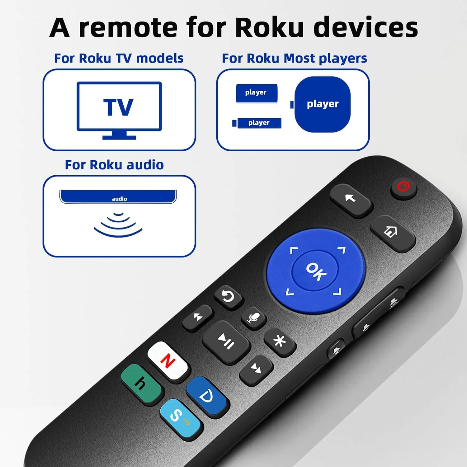 Voice Universal Remote Control, for Roku Stick Remote Replacement, for Roku Streaming Players, Steaming Sticks, Audio and TVs, with 4 App Shorcut Keys