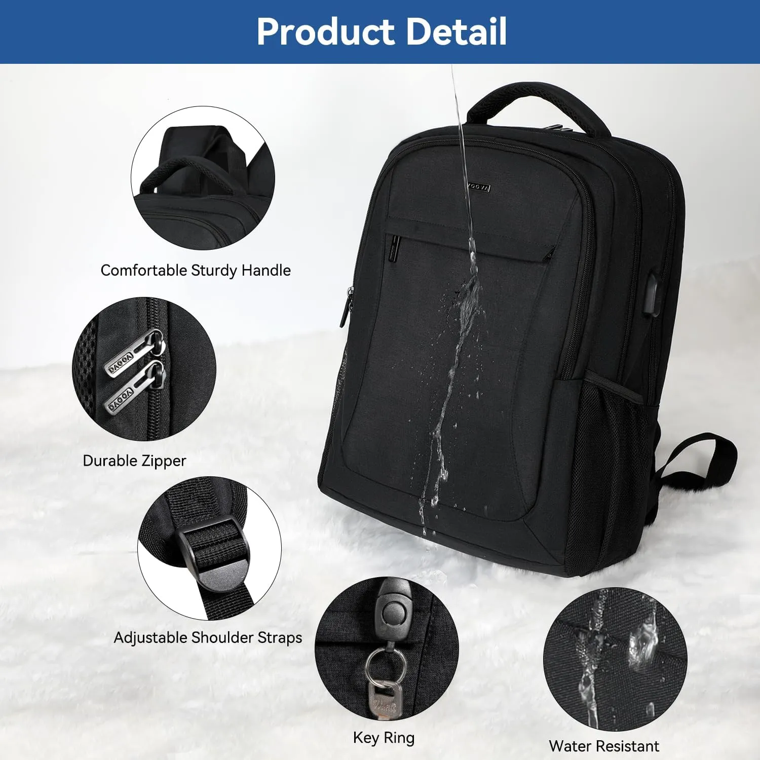 Voova Travel Laptop Backpack, Business Work Laptop Backpack for Women & Men with USB Charging Port, Waterproof Slim Durable College Computer Bag Fits 15.6 Inch Laptops and Notebook, Black
