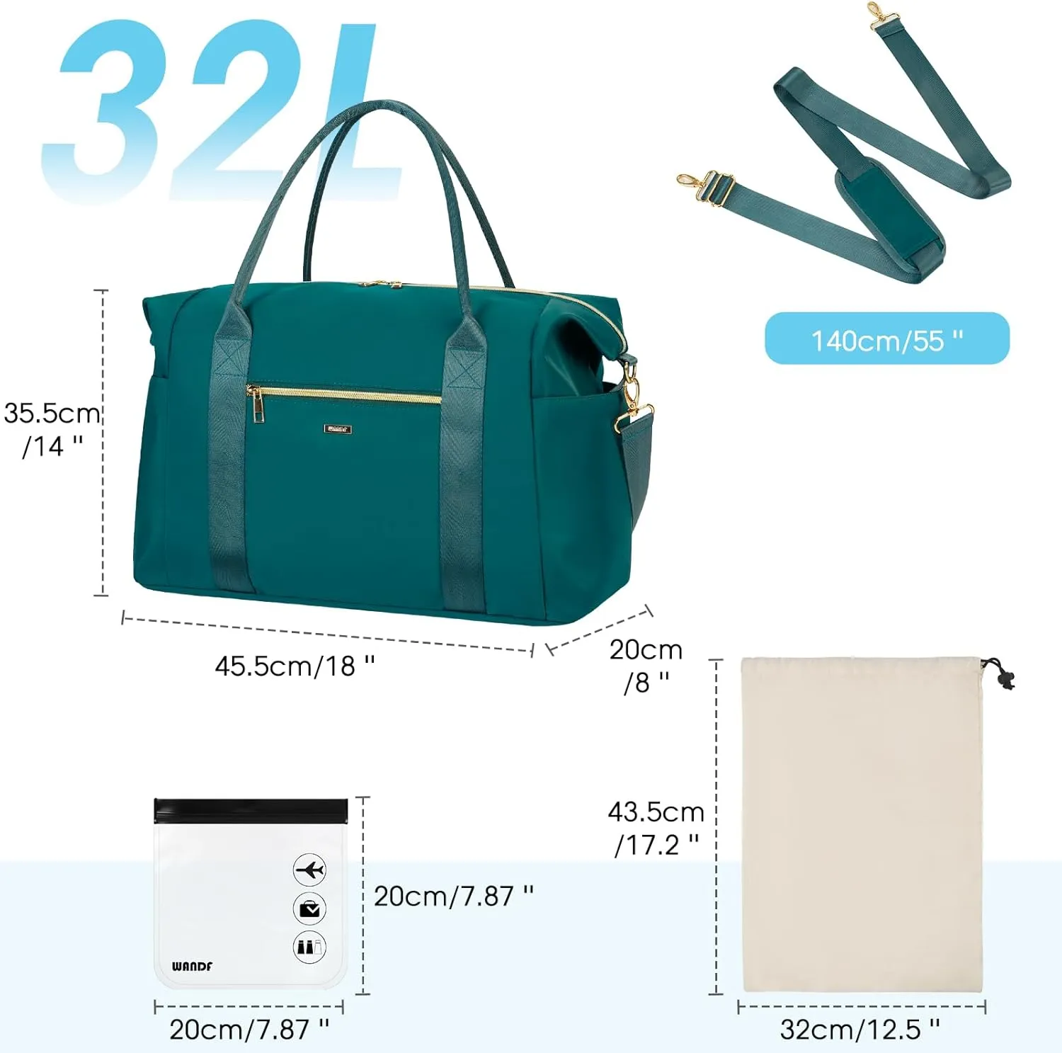 WANDF For Spirit Airlines Personal Item Bag 18x14x8 Travel Duffel Bag with TSA Approved Quart Size Bag & Shoe Bags Weekender Overnight Carry-on Luggage for Women (Teal）