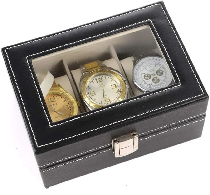 Watch Box 3 Slot Black Watch Storage Box Metal Buckle Leather Watch Box for Men and Women