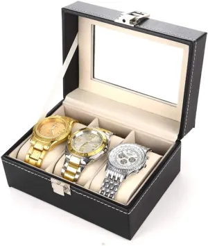 Watch Box 3 Slot Black Watch Storage Box Metal Buckle Leather Watch Box for Men and Women